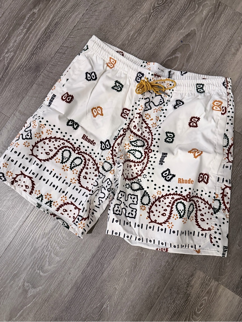 Rhude White Bandana Print Swim Shorts with Gold Drawstring
